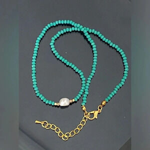 Handmade Teal Seed Bead Single Real Freshwater Pearl Necklace NEW